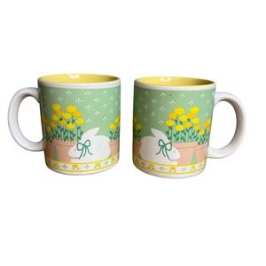 Vintage Mary Wilkins Kelly Bunny Flower Tulips Mugs Set of 2 Spring Coffee‎ Tea